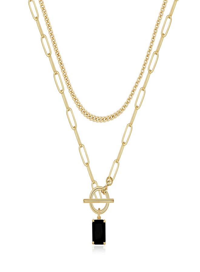 Yoosteel Gold Layered Necklaces for Women, 14K Gold Plated Cuban Link Chain Choker Necklaces Toggle Necklace Dainty Black Crystal Square Pendant Necklace Boho Style Jewelry Gold Layered Necklaces for Women - Image 1